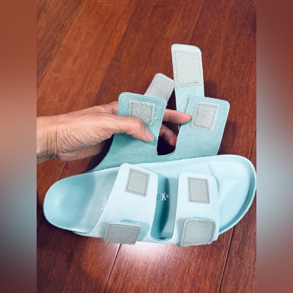 Birkenstock Uji Nubuck shine Leather straps slide sandals in surf green various - Picture 9 of 16